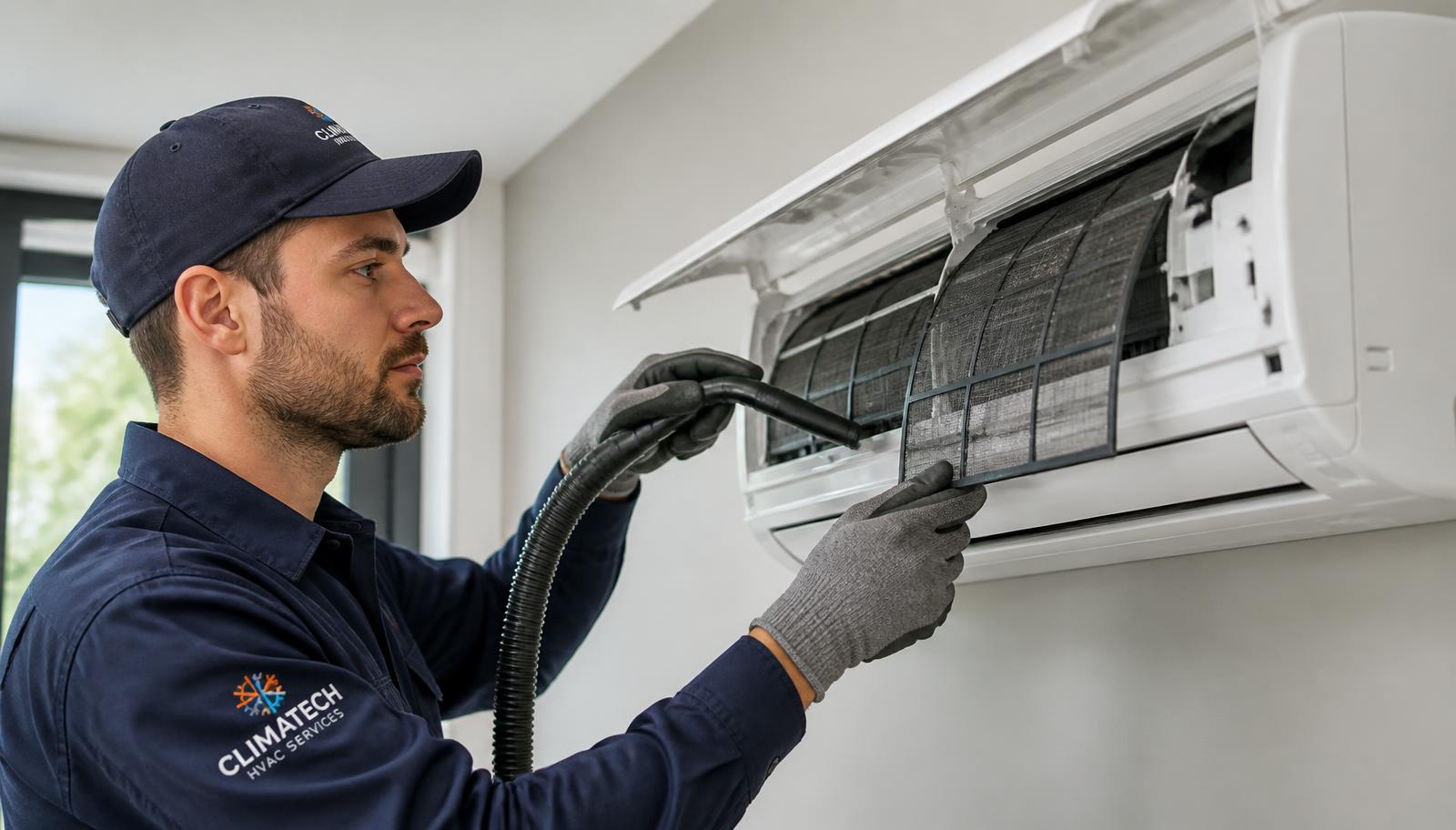 Técnico haciendo mantenimiento a un aire acondicionado