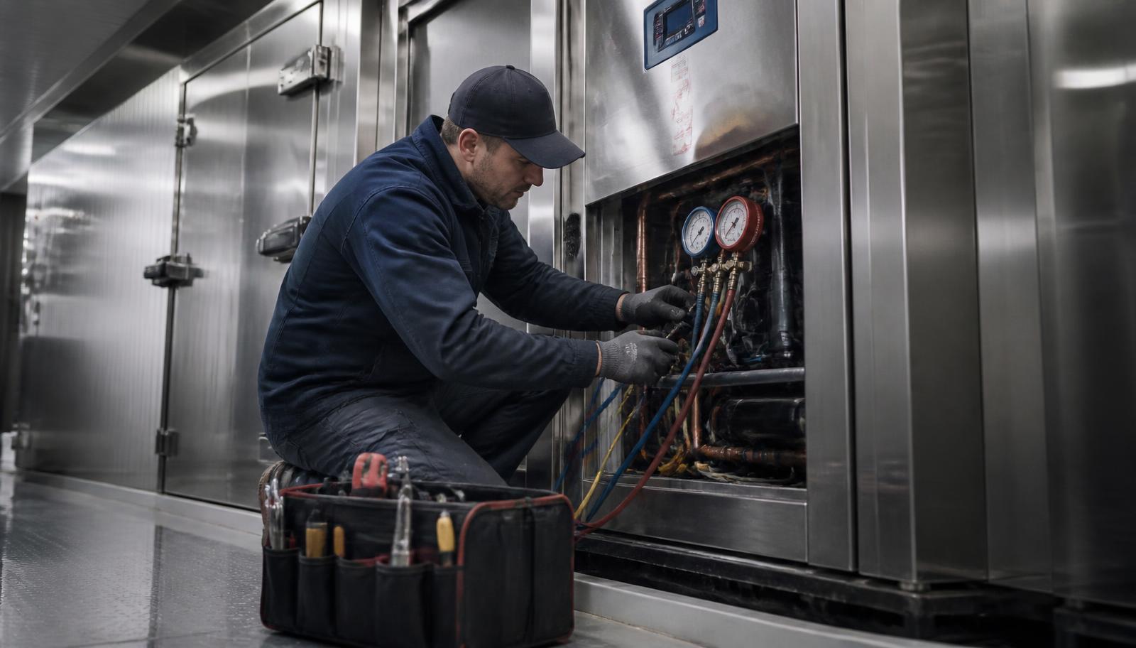 Técnico reparando una cámara frigorífica industrial