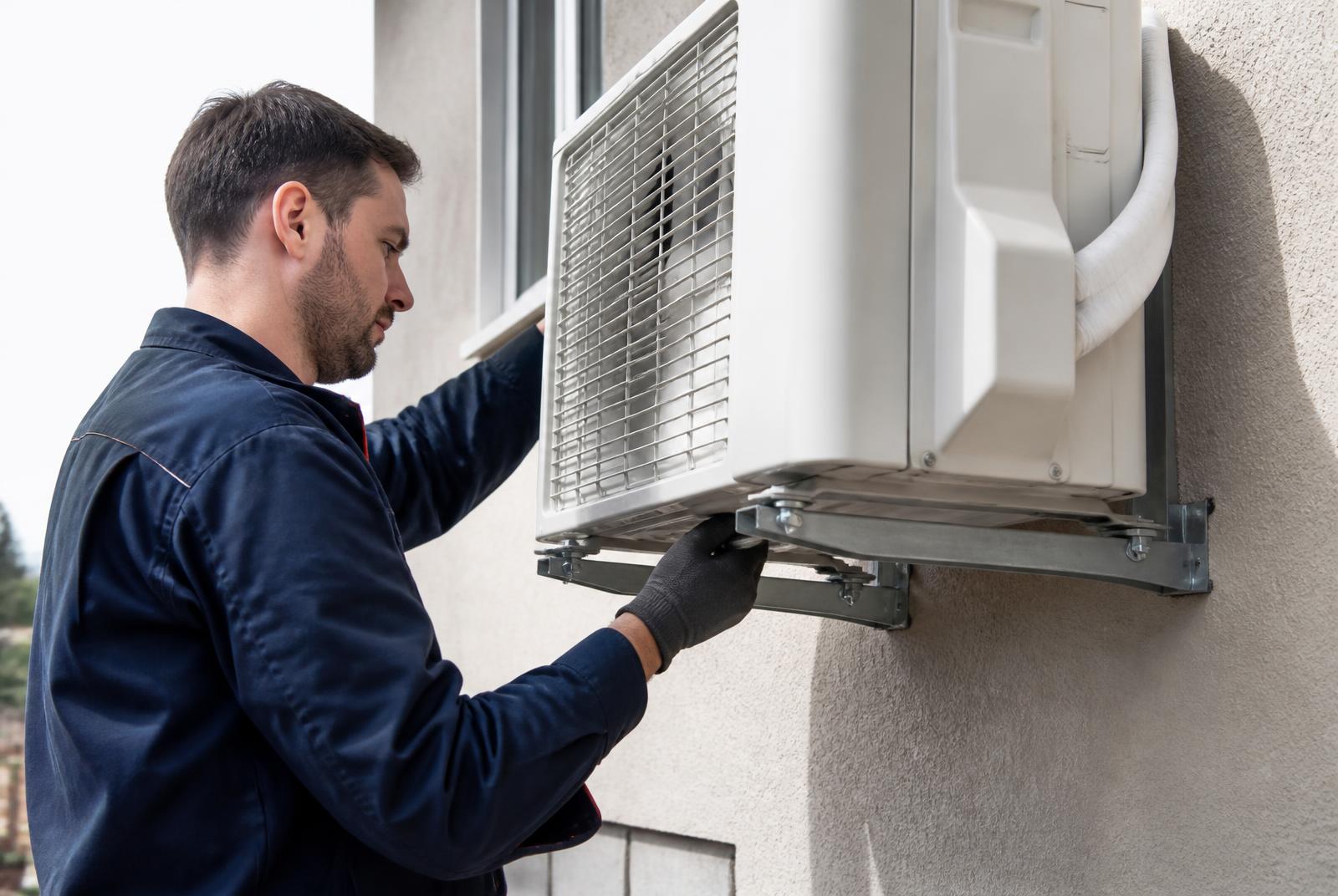 Técnico instalando la unidad exterior de un aire acondicionado split