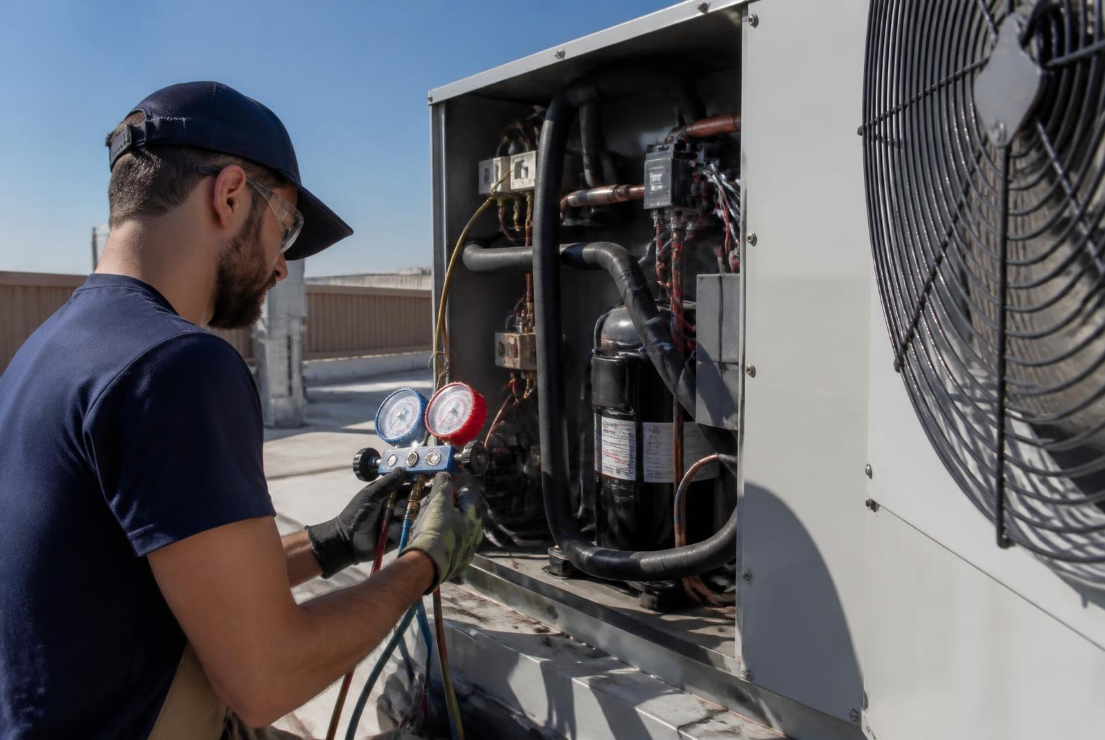 Técnico midiendo presiones en un equipo de frío comercial