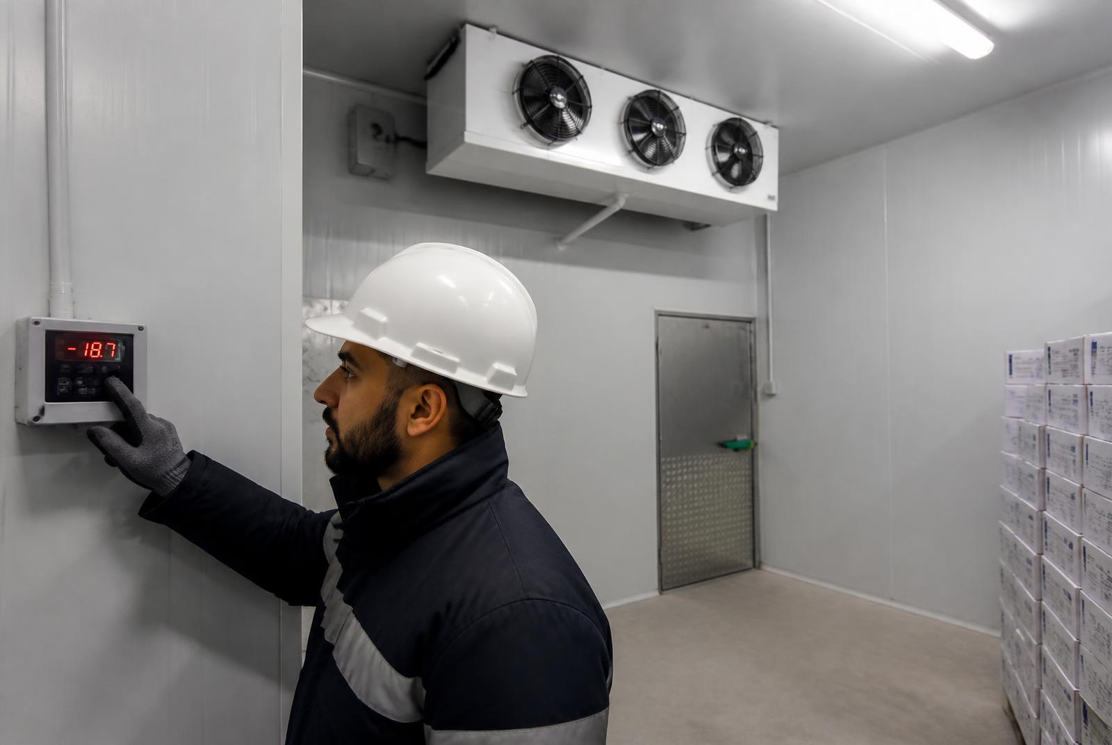 Técnico controlando la temperatura dentro de una cámara frigorífica
