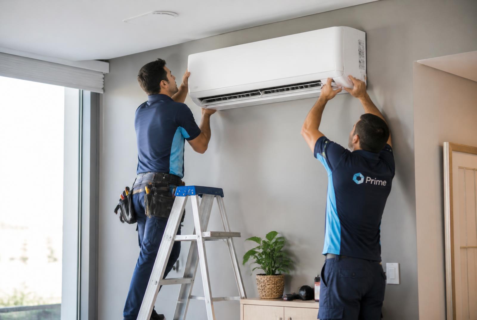 Dos técnicos instalando un split interior en una vivienda