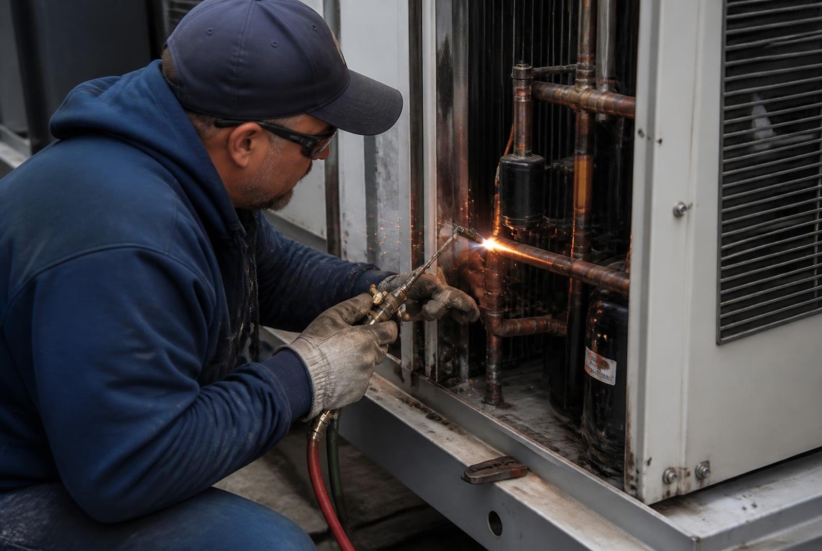 Técnico soldando cañerías de cobre en una instalación de frío
